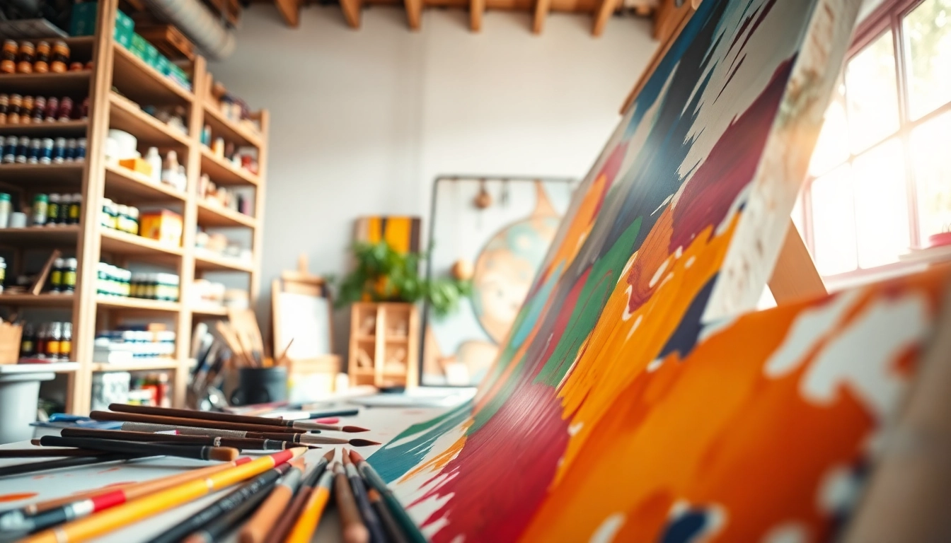 Een kunstenaar werkt geconcentreerd aan een grote canvas in een zonovergoten studio.