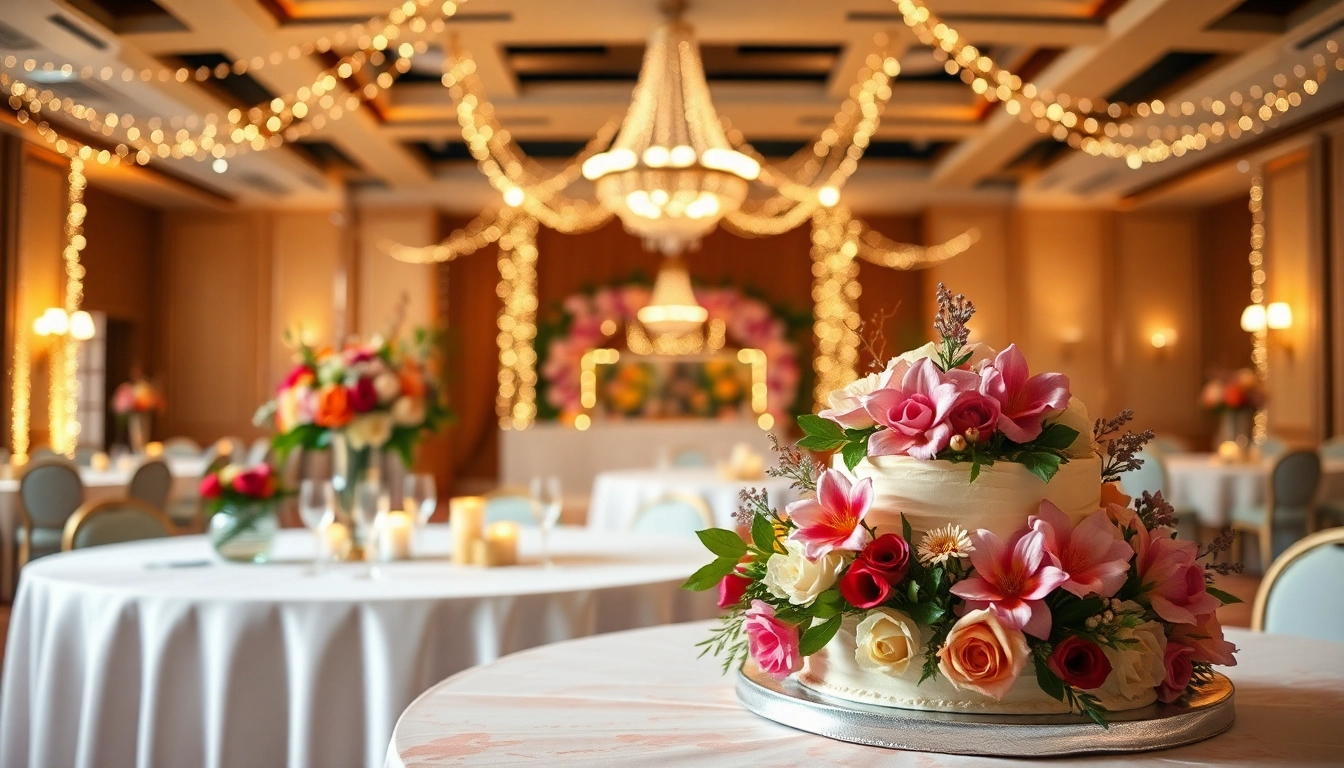 Engaging celebration services setup with a beautifully decorated table and floral arrangements.