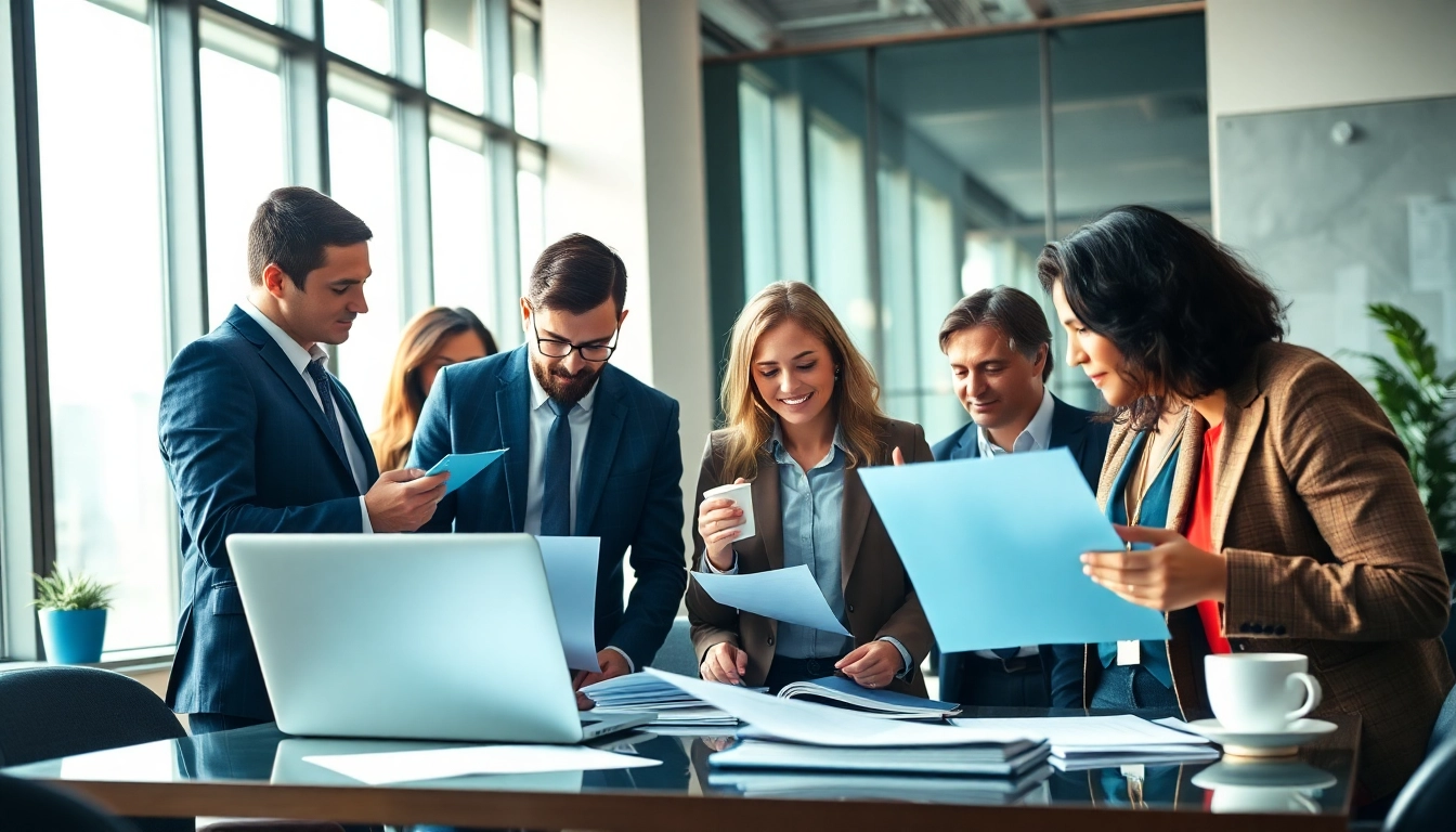 Legal process service professionals working together in a modern office, showcasing teamwork and collaboration.
