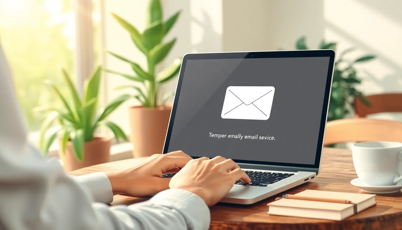 Utilize 10 minute mail service displayed on a laptop in a cozy café environment.