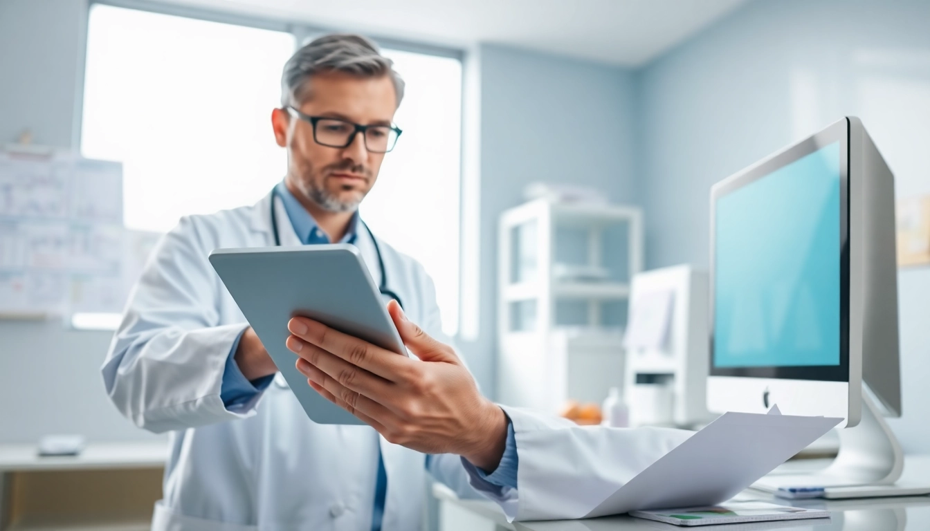 Doctor accessing eprescribing software for doctors in a modern clinic environment.