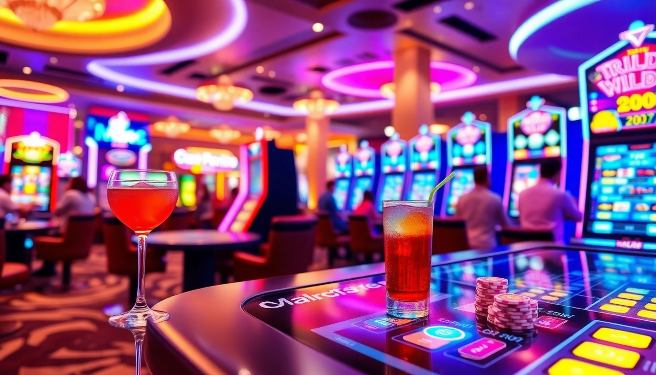 Menampilkan pemain bersenang-senang pada mesin mild88 slot di kasino dengan suasana meriah.