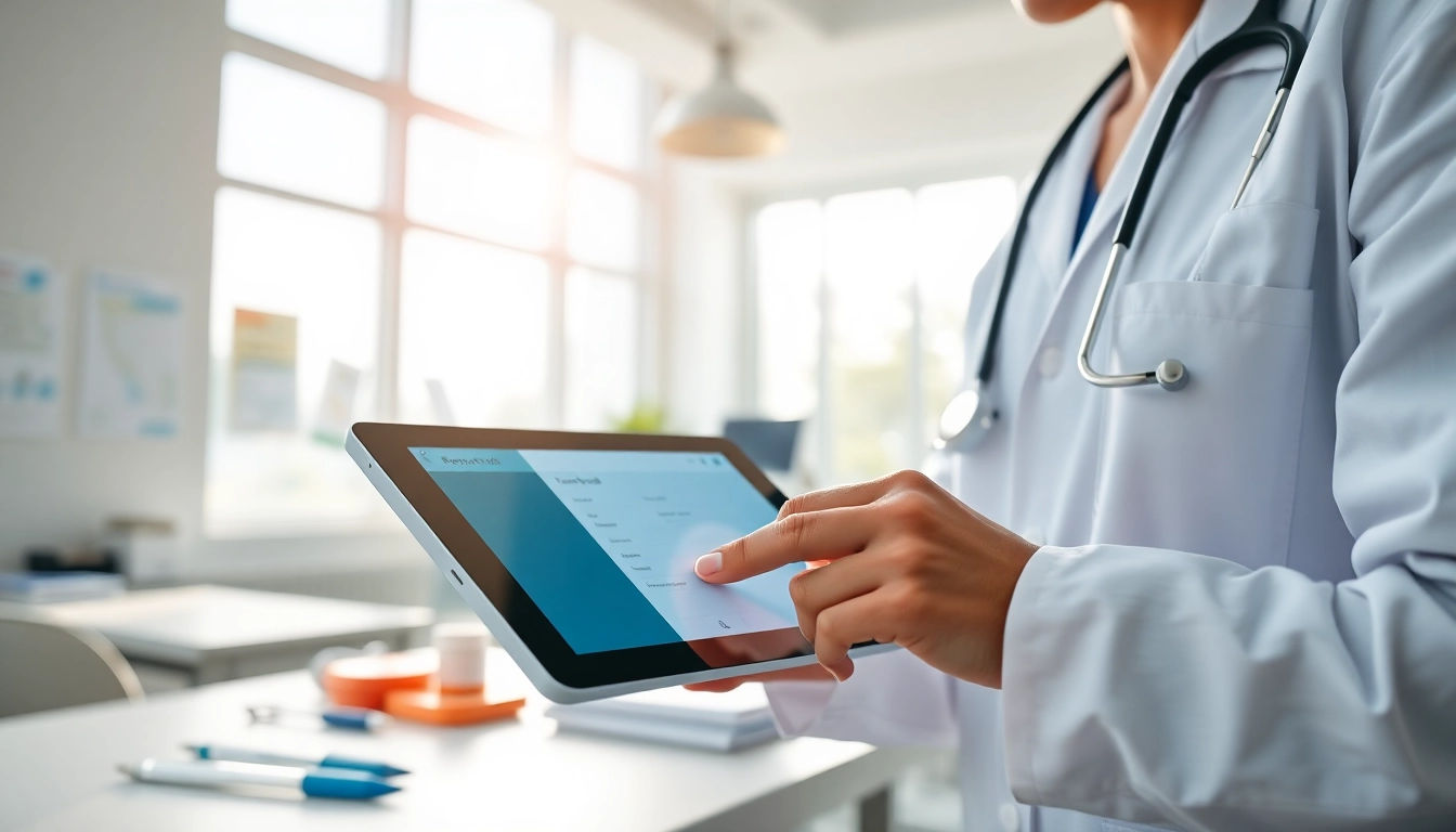 Provider efficiently using free eprescription apps on a tablet in a bright medical office.