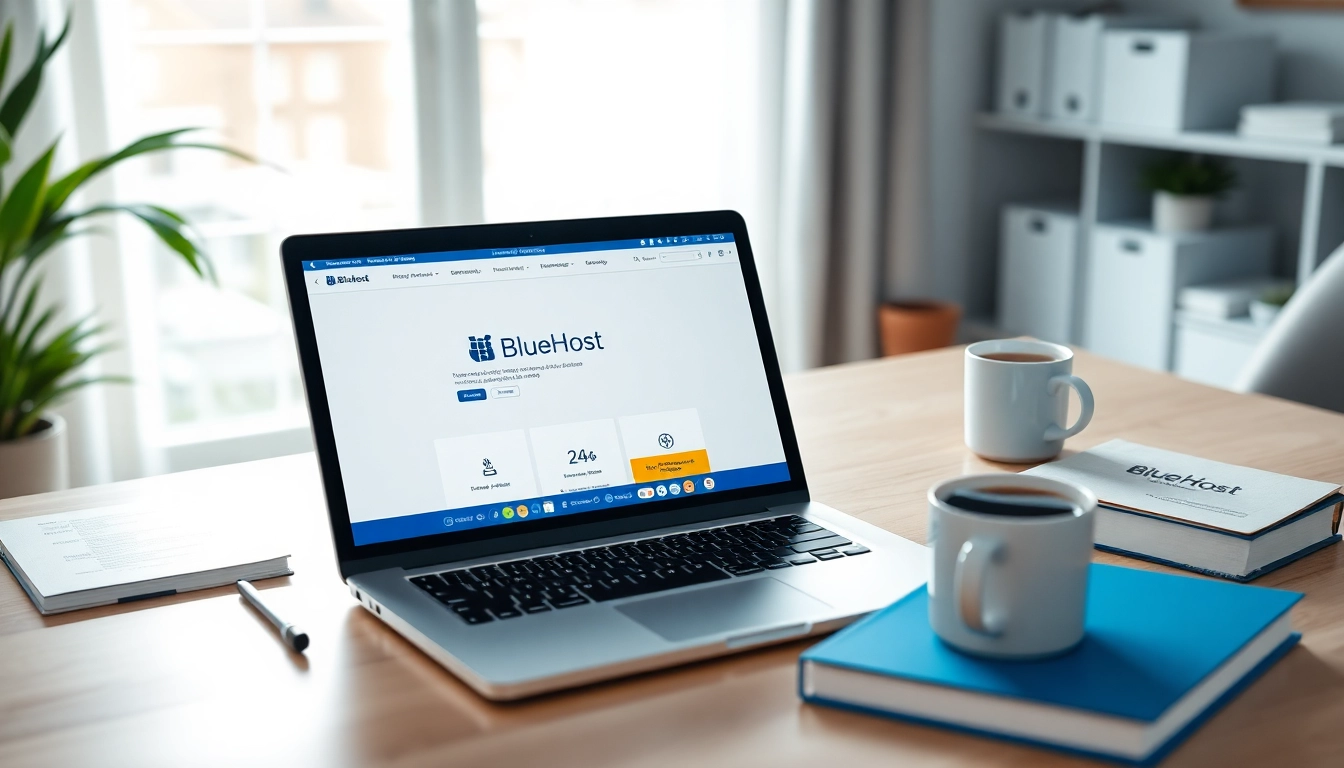 Showcasing a modern web hosting workspace, highlighting Bluehost on a laptop screen.