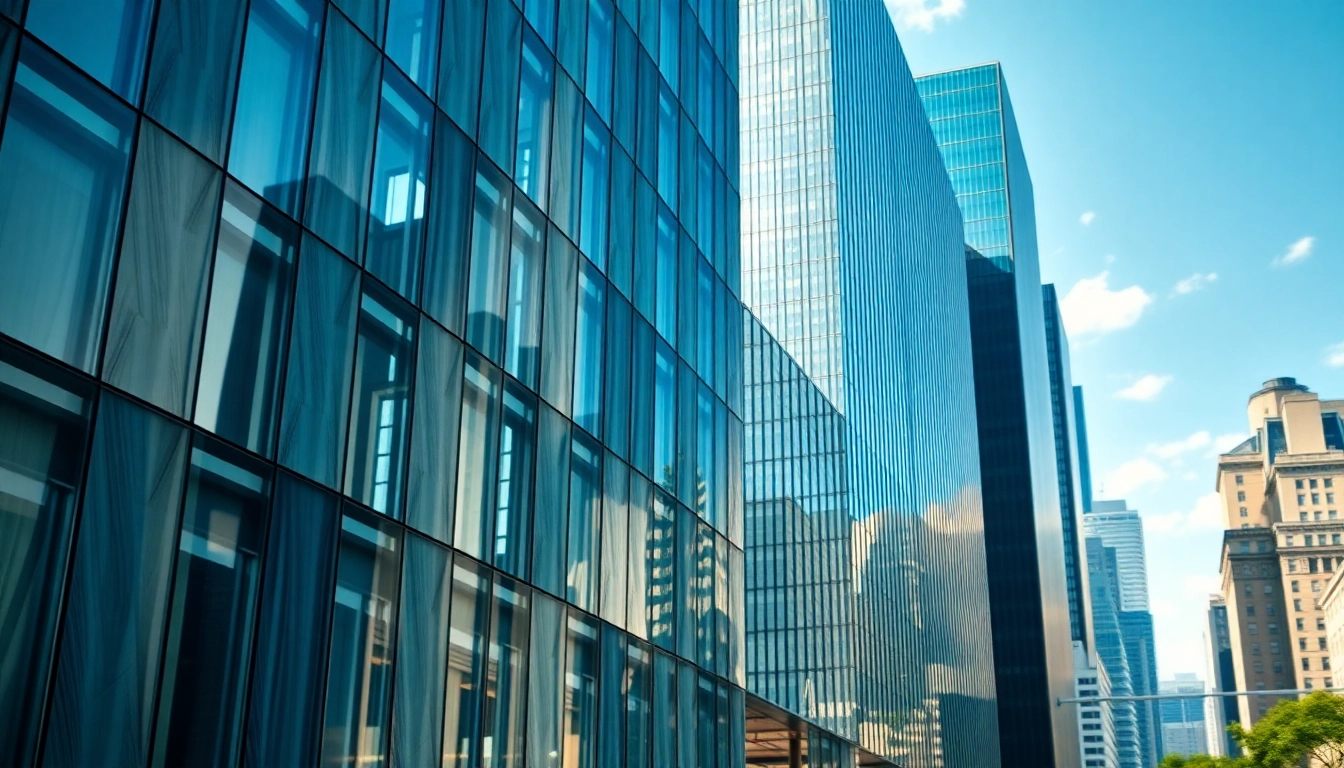 Architekturvisualisierung mit modernem Gebäude zeigt lebendige städtische Umgebung.